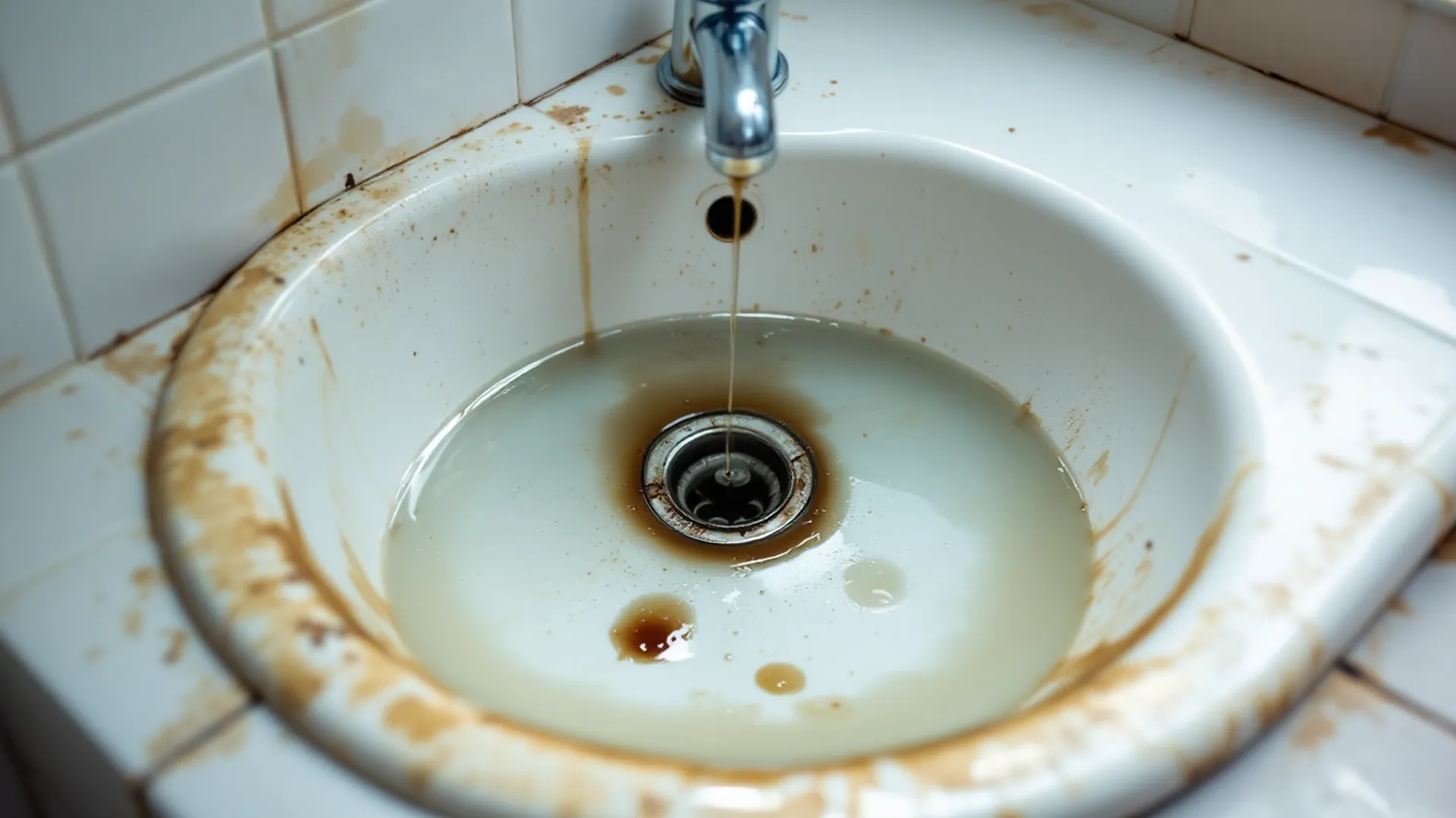 Homeowner inspecting a slow-draining sink in a domestic bathroom