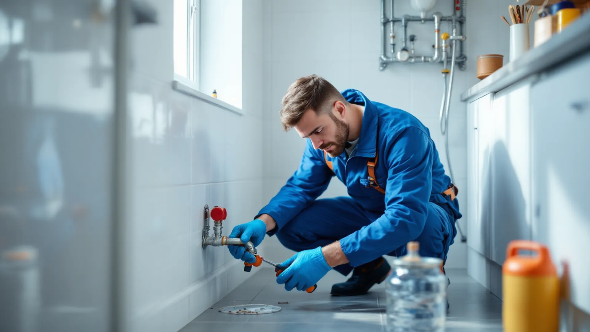 Plumber repairing pipework in a bright domestic utility room