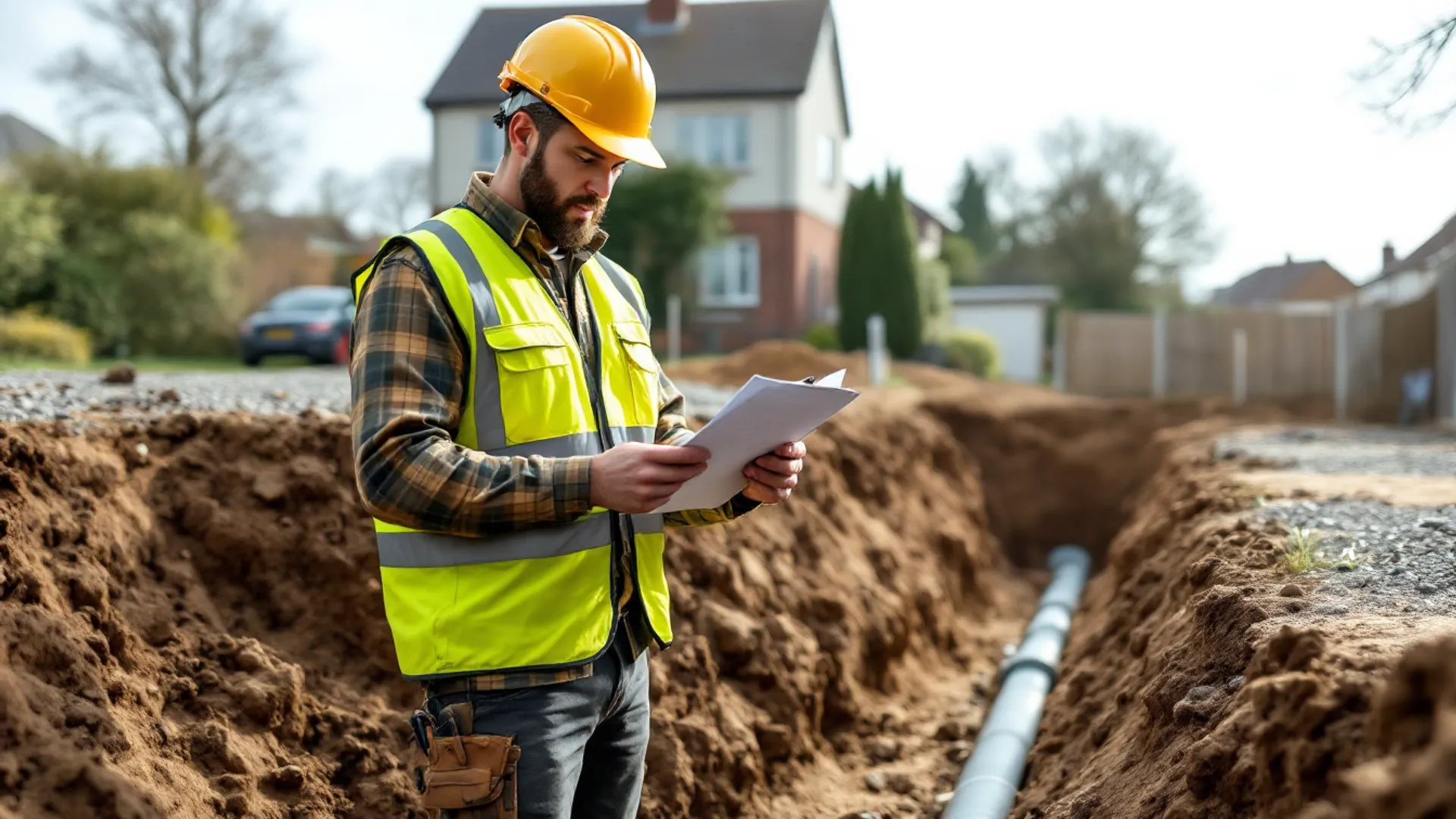 Engineer reviewing a fixed-price drainage quote on site