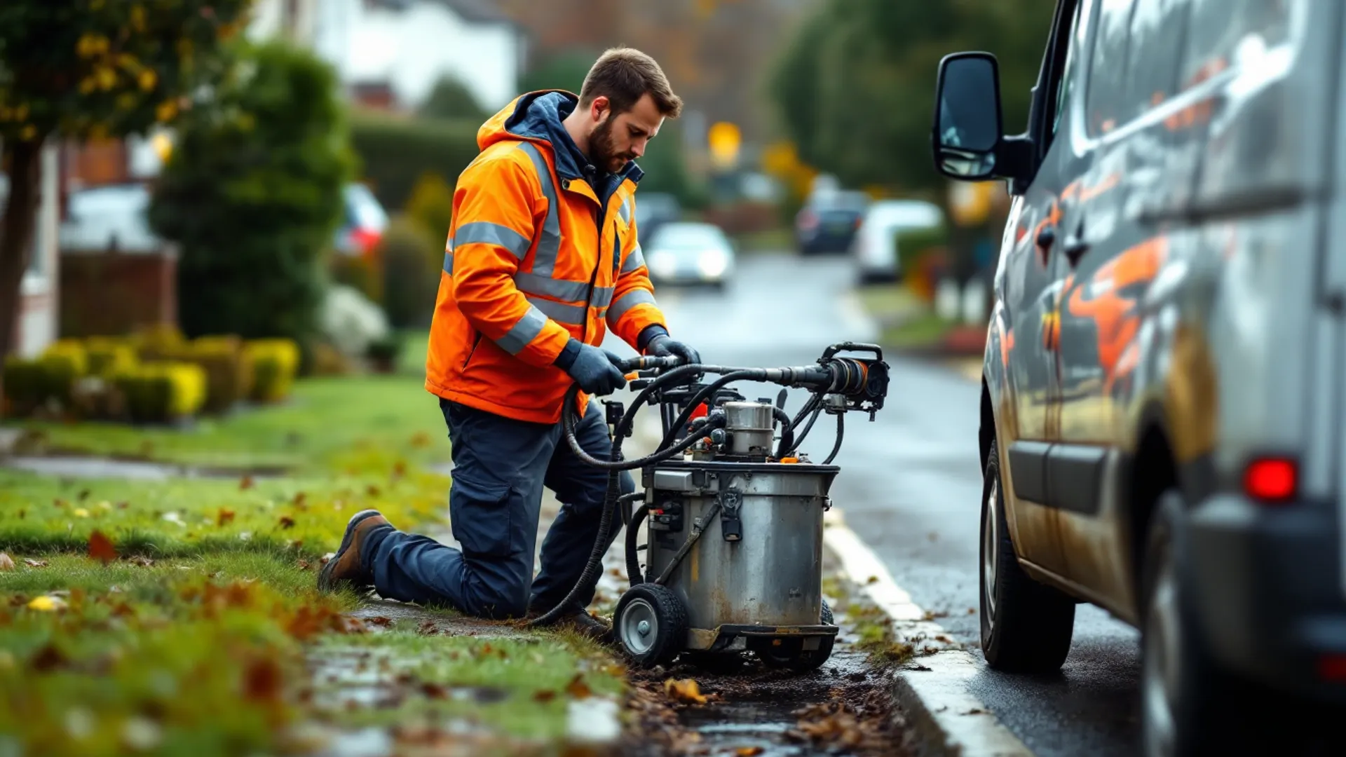 Drainage engineer preparing jetting equipment beside a clean service van