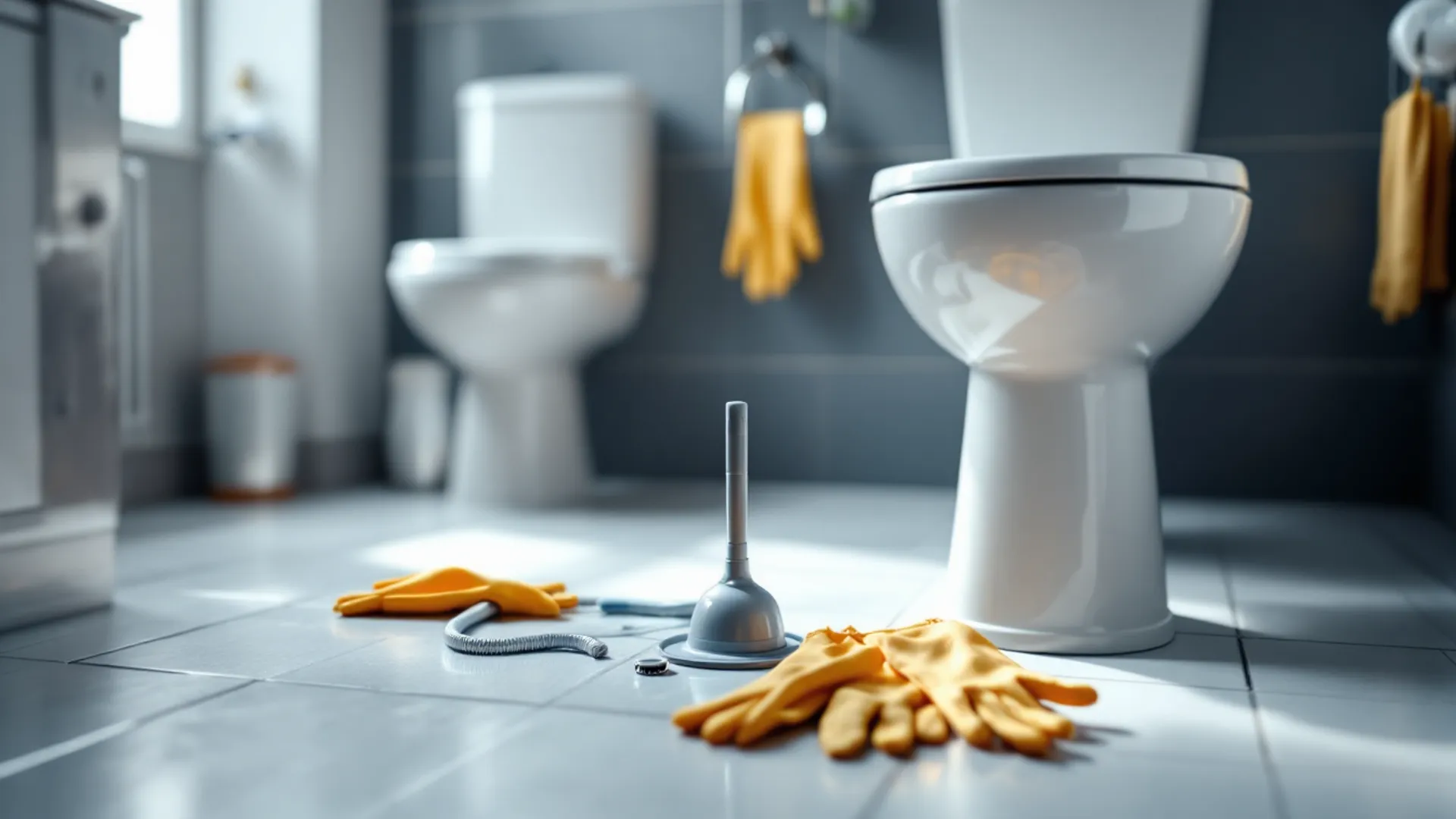 Clean bathroom drainage tools prepared for a blocked toilet callout