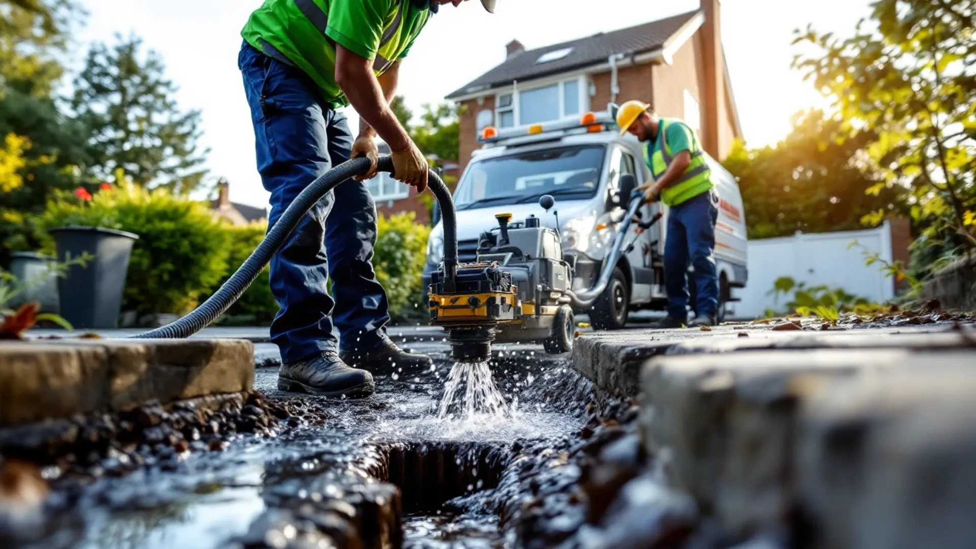 Blocked outside drain being cleared with professional equipment