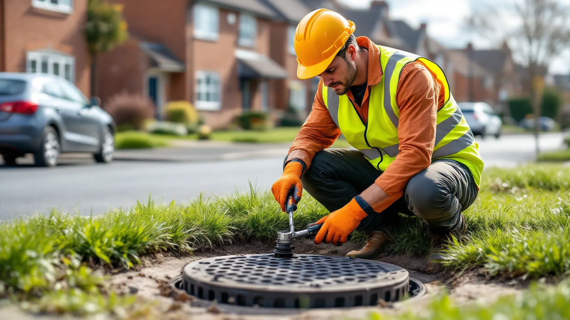 Engineer maintaining commercial drainage equipment in daylight
