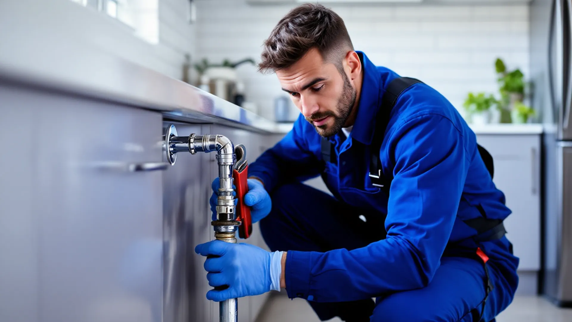 Emergency plumber repairing a burst pipe in a bright kitchen