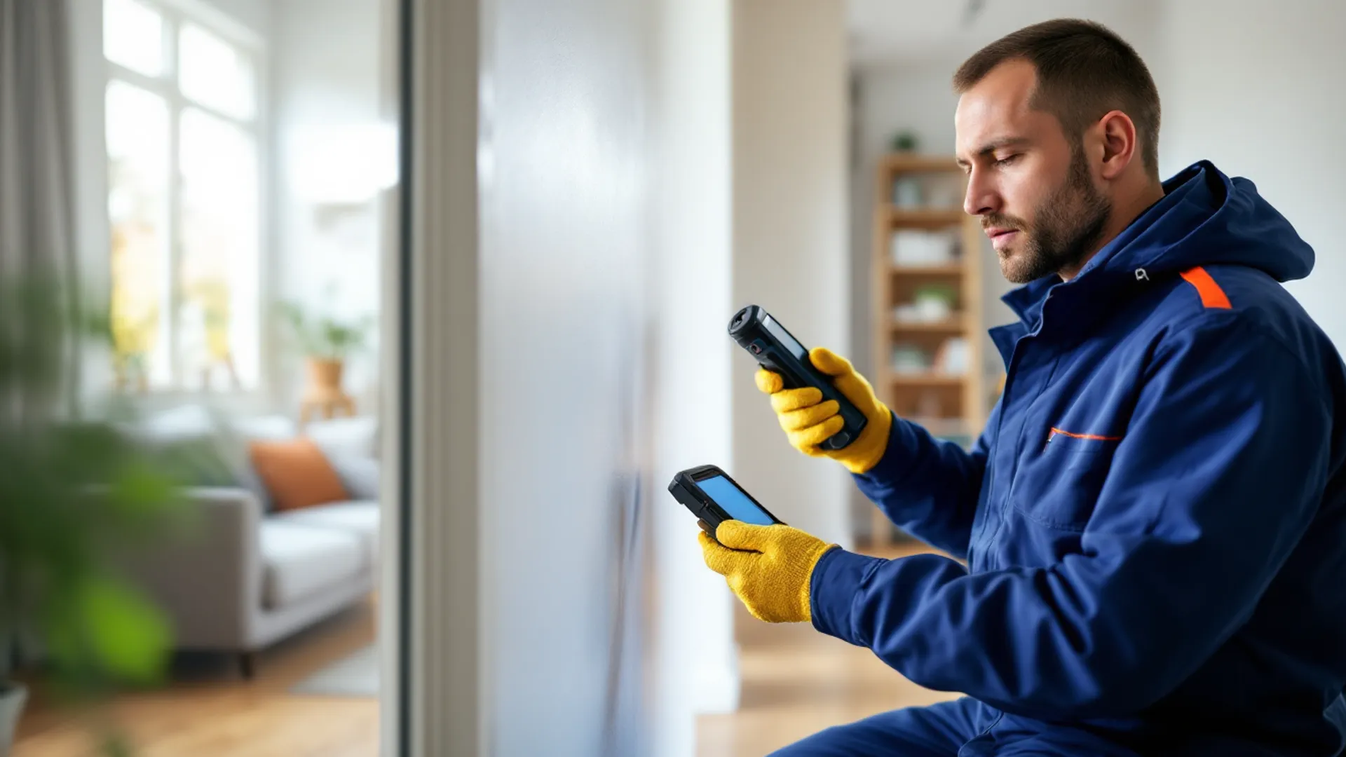 Leak detection engineer using acoustic equipment inside a home