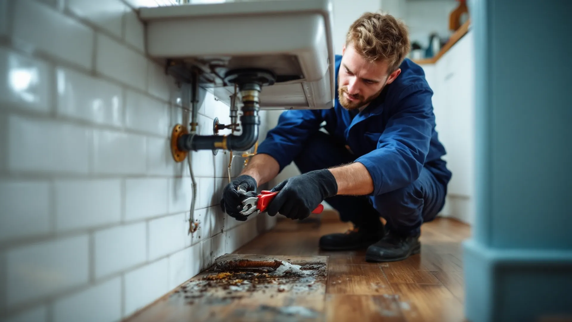 Plumber repairing domestic pipework with professional hand tools