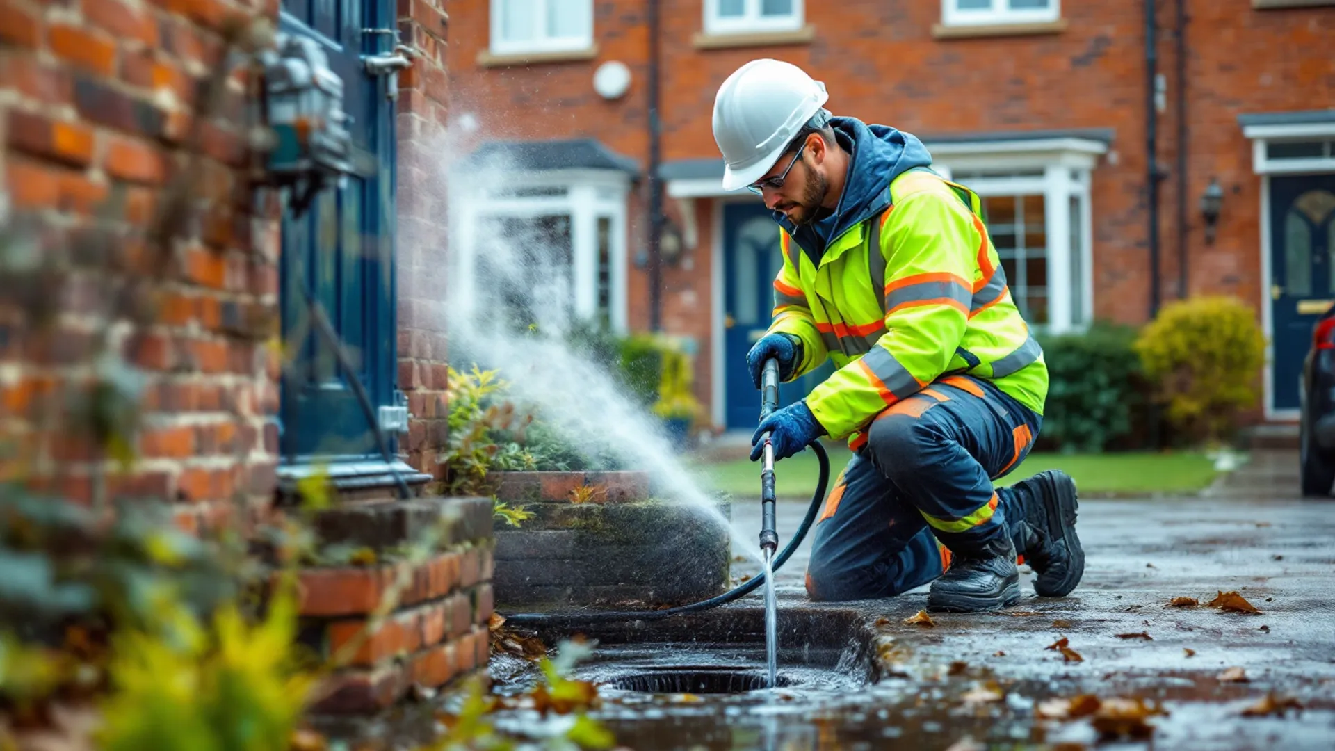 Drainage engineer operating high-pressure jetting equipment on a UK residential drain
