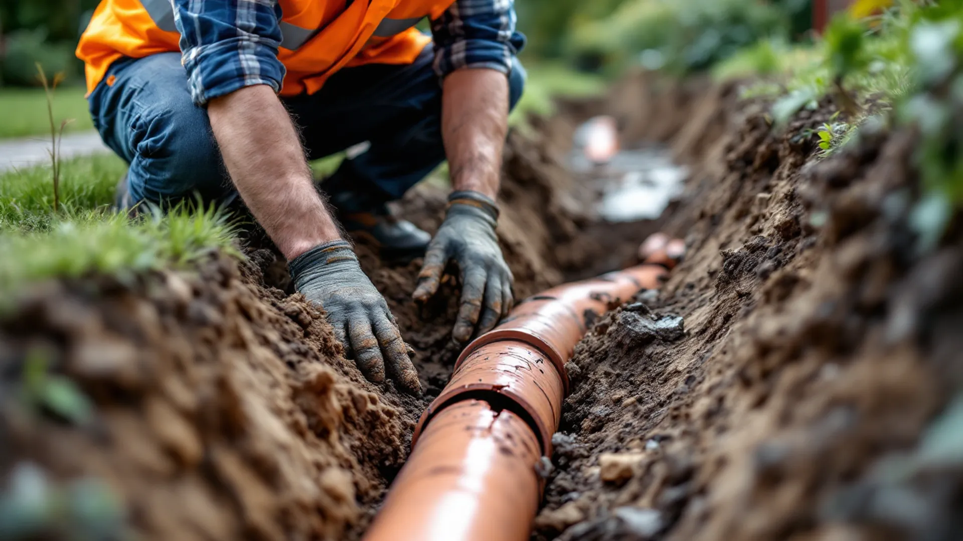 Drainage engineer repairing cracked clay drain pipe in excavated trench