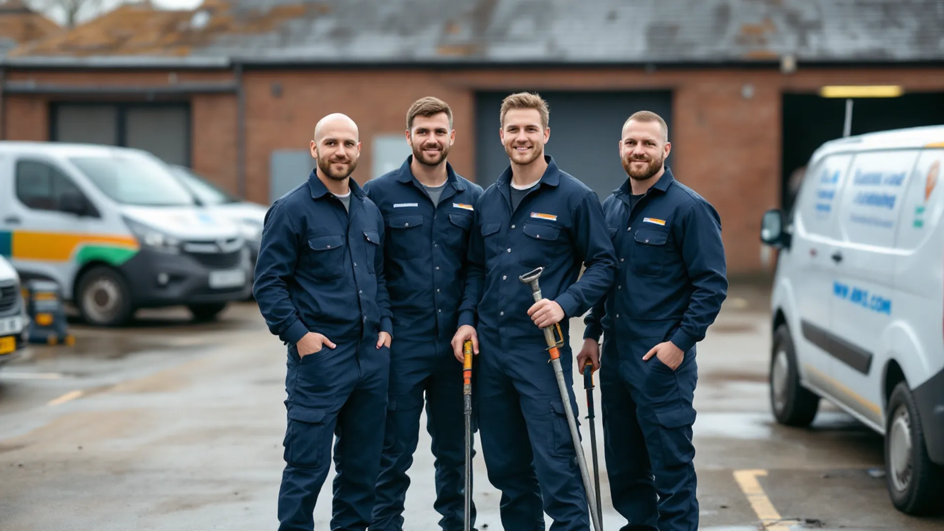 Team of professional drainage and plumbing engineers beside service vans
