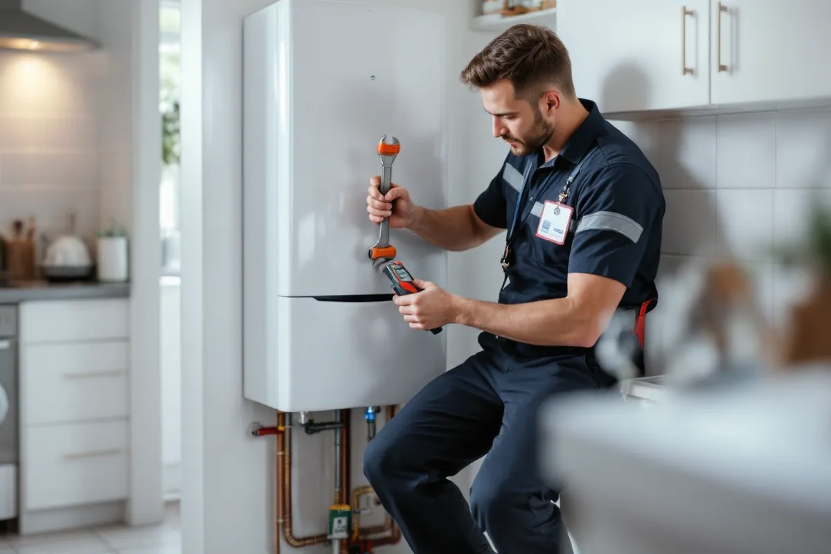 Gas Safe registered engineer with ID card working on boiler