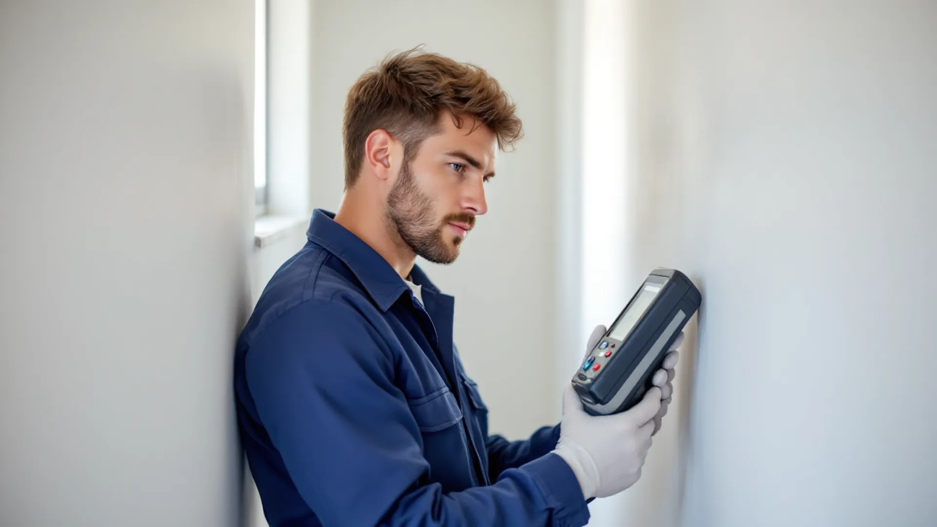 Plumber using acoustic leak detection equipment against wall in UK home
